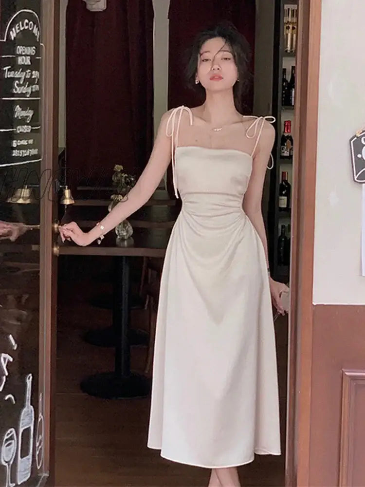 Hnewly Sexy Satin Midi Dress Women Spaghetti Strap Backless Summer Holiday Slim Vintage Wedding