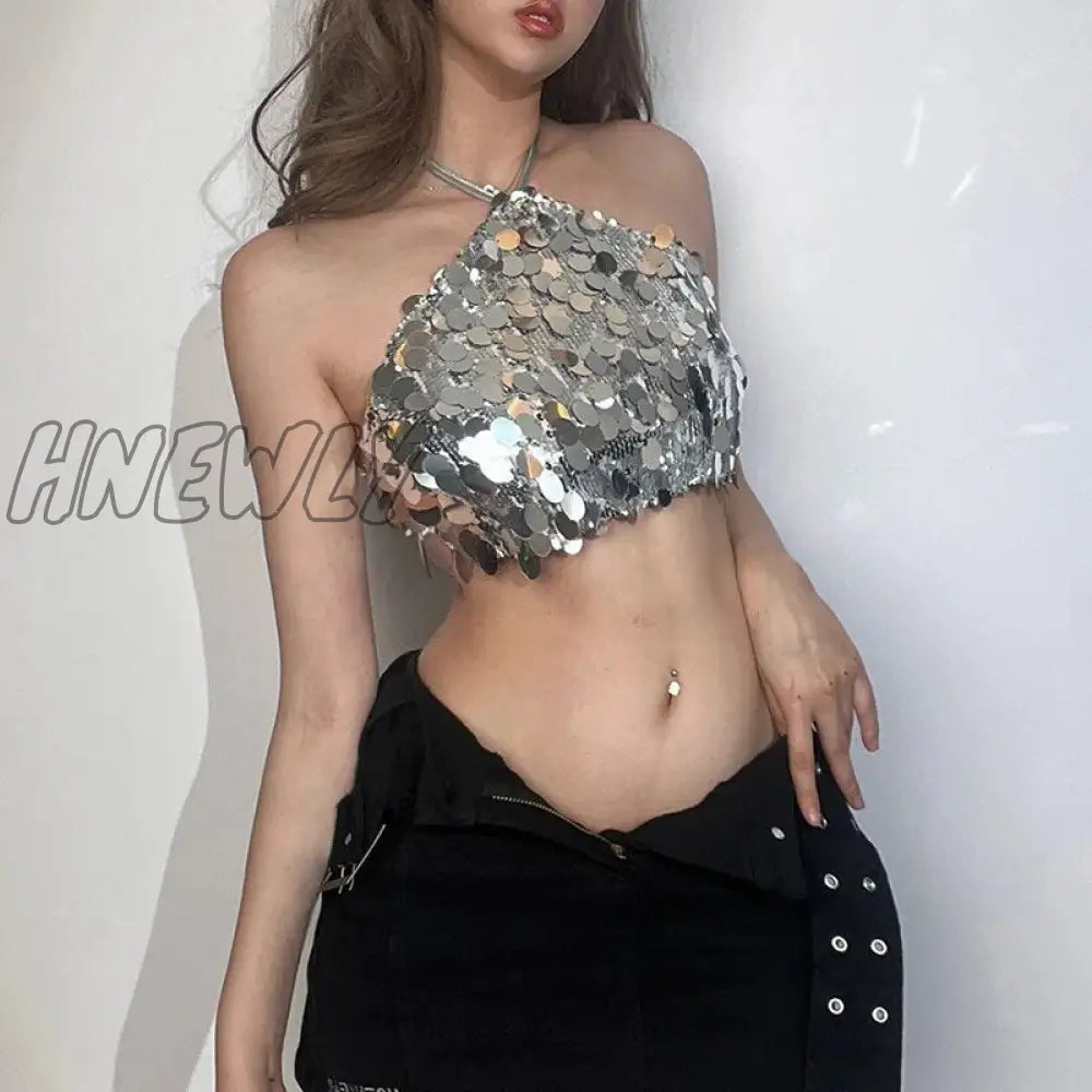 Hnewly Sexy Sequins Crop Top Halter Corset Tube Tops Party Club Outfits Vest Strapless Open Back