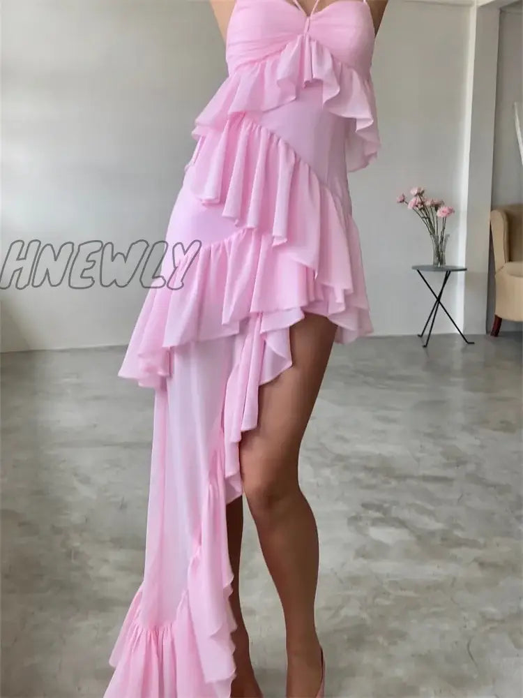 Hnewly Sexy Sleeveless Strap Sling Long Dress For Women V-Neck Ruffles Hem Y2K Off Shoulder High