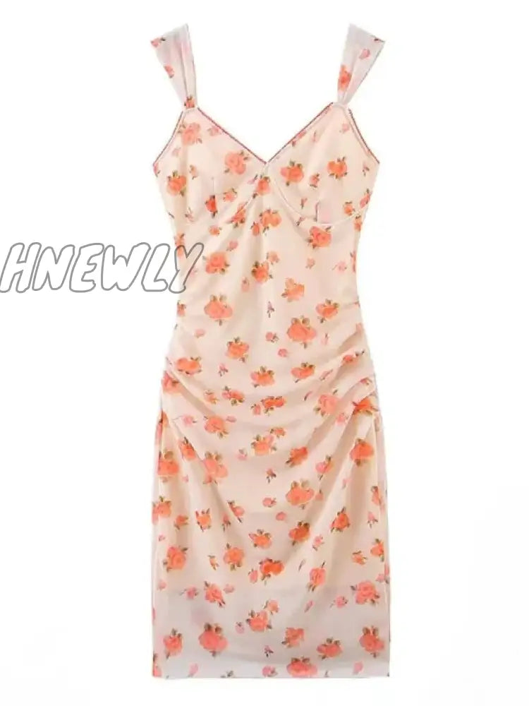 Hnewly Sexy Small Flower Print Deep V Neck Mesh Sling Dress Woman Ruched Package Hips Spaghetti