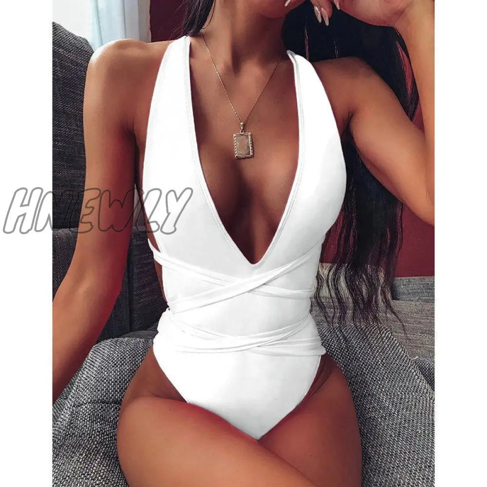 Hnewly Sexy Solid Black One Piece Swimsuit Women Push Up Lace Bandage Bodysuit Brazilian Deep V