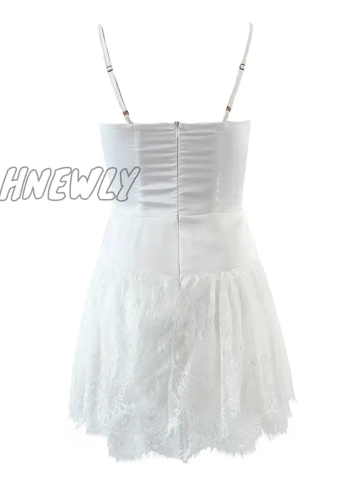 Hnewly Sexy Solid White Stitching Lace Bra Corset Style Spaghetti Strap Mini Dress Women Backless