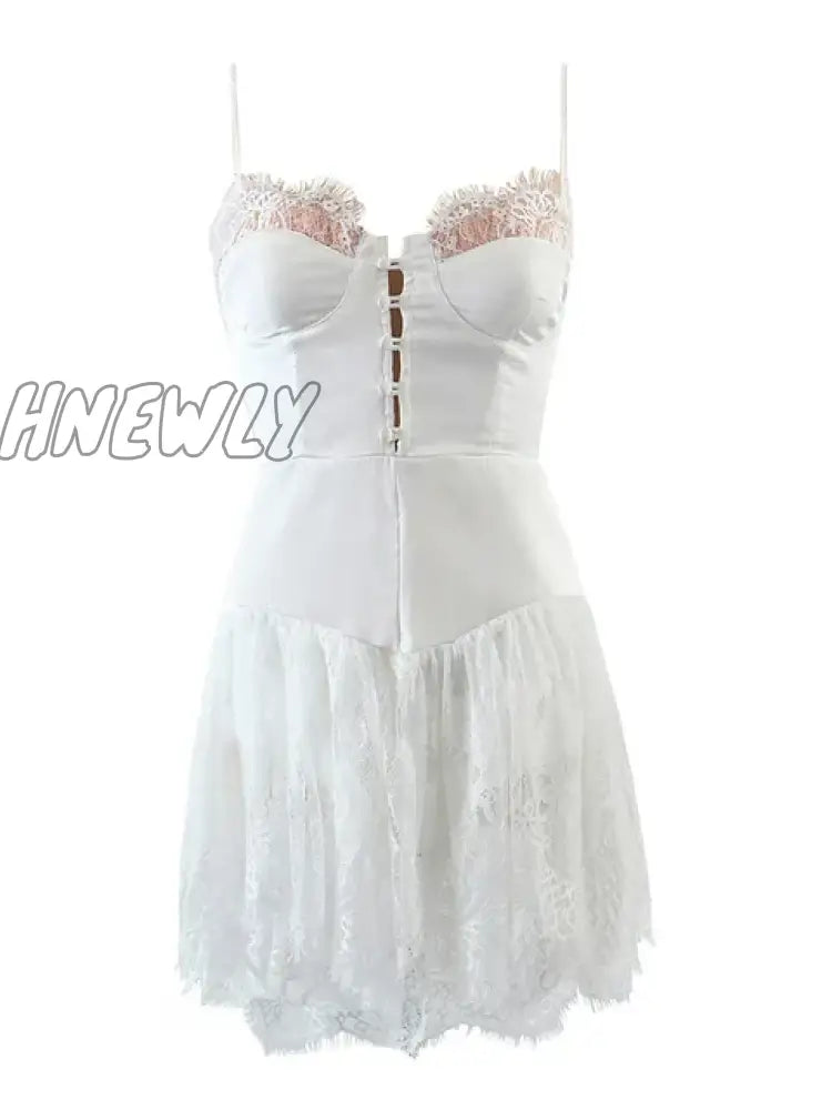 Hnewly Sexy Solid White Stitching Lace Bra Corset Style Spaghetti Strap Mini Dress Women Backless