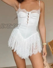 Hnewly Sexy Solid White Stitching Lace Bra Corset Style Spaghetti Strap Mini Dress Women Backless