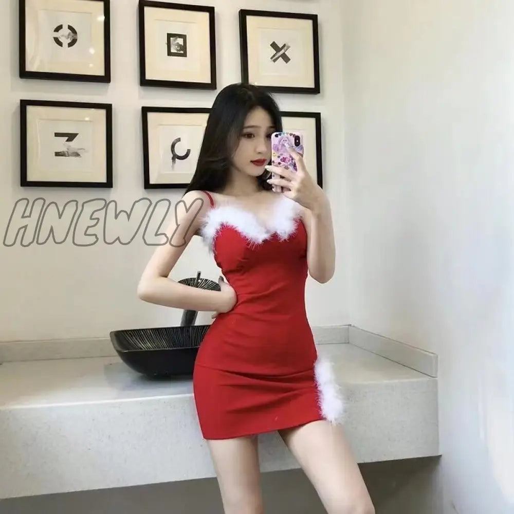 Hnewly Sexy Spaghetti Strap Dress Women Red Christmas Mini Dressses Female Fashion Bodycon Faux Fur