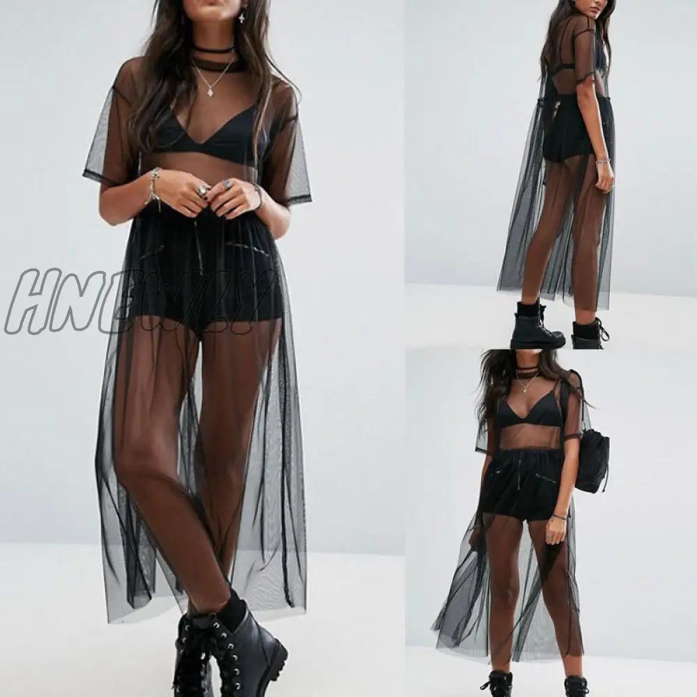 Hnewly Sexy T Shirt Women Black Gauze Mesh Sheer Tops Long Shirts Casual Loose T - Shirts