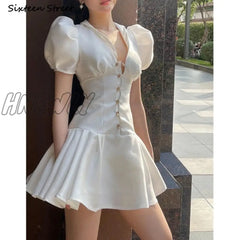 Hnewly Sexy V-Neck Dress Woman Single-Breasted Puff Sleeve White Party Dresses Female Slim High