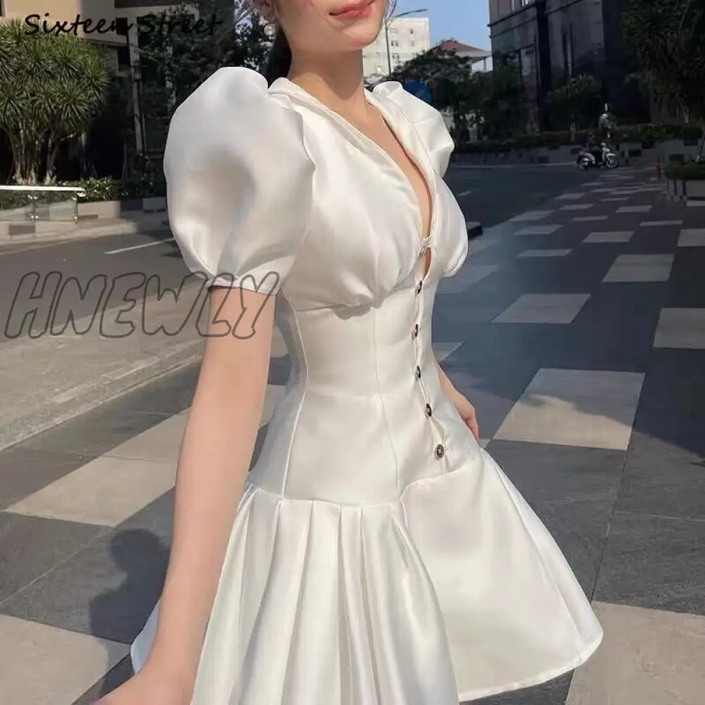 Hnewly Sexy V-Neck Dress Woman Single-Breasted Puff Sleeve White Party Dresses Female Slim High