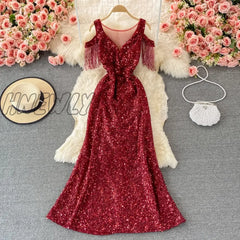 Hnewly Sexy Vintage Glitter Long Sleeve Sequin Summer Dress Women Club Pary Dresses Autumn Office