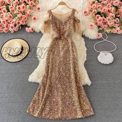 Hnewly Sexy Vintage Glitter Long Sleeve Sequin Summer Dress Women Club Pary Dresses Autumn Office