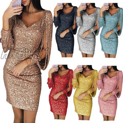 Hnewly Sexy Women Dress Sequins Glitter Sparkle Deep V Neck Tassel Long Sleeves Short Mini Evening