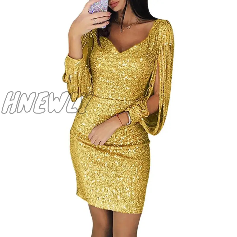 Hnewly Sexy Women Dress Sequins Glitter Sparkle Deep V Neck Tassel Long Sleeves Short Mini Evening