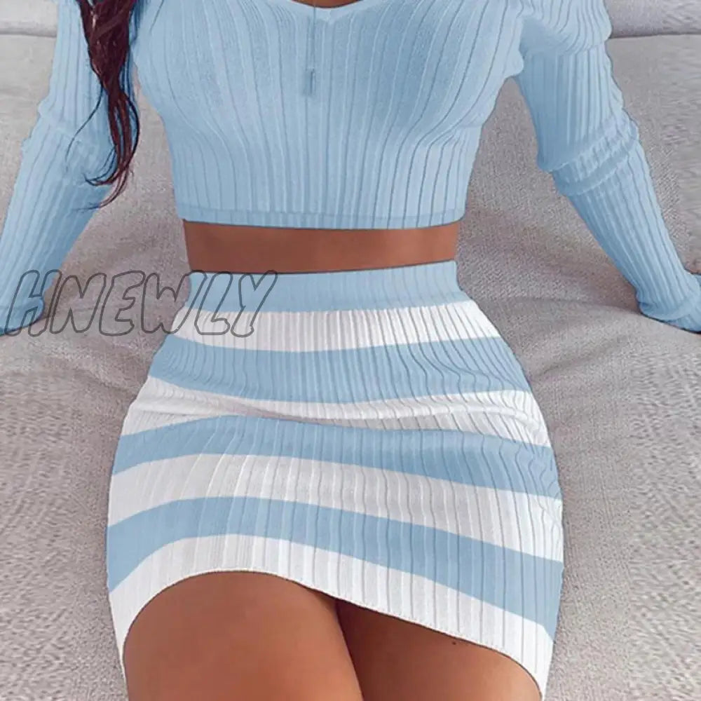 Hnewly Sexy Women Suits Skirt 2 Piece Set Crop Top Striped Off Shoulder Outfit Slim V Neck Party