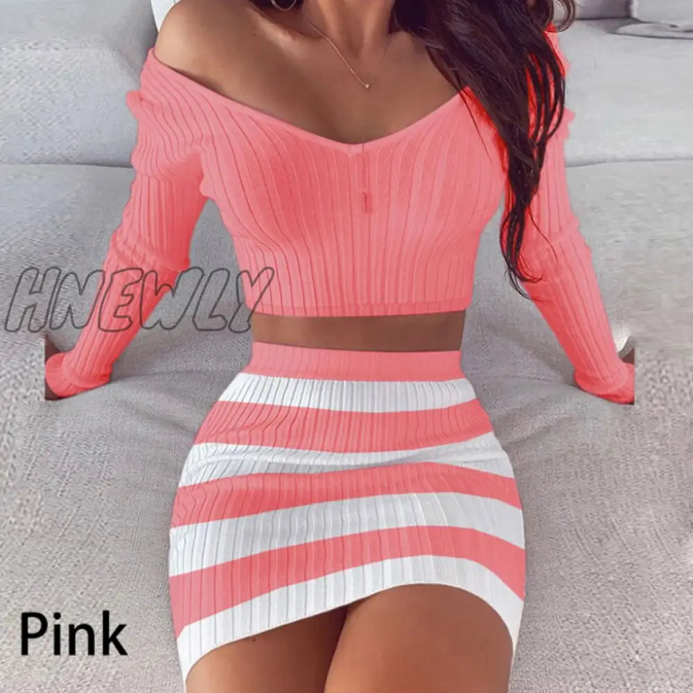 Hnewly Sexy Women Suits Skirt 2 Piece Set Crop Top Striped Off Shoulder Outfit Slim V Neck Party