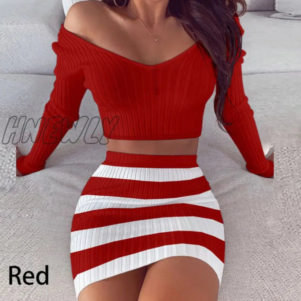 Hnewly Sexy Women Suits Skirt 2 Piece Set Crop Top Striped Off Shoulder Outfit Slim V Neck Party