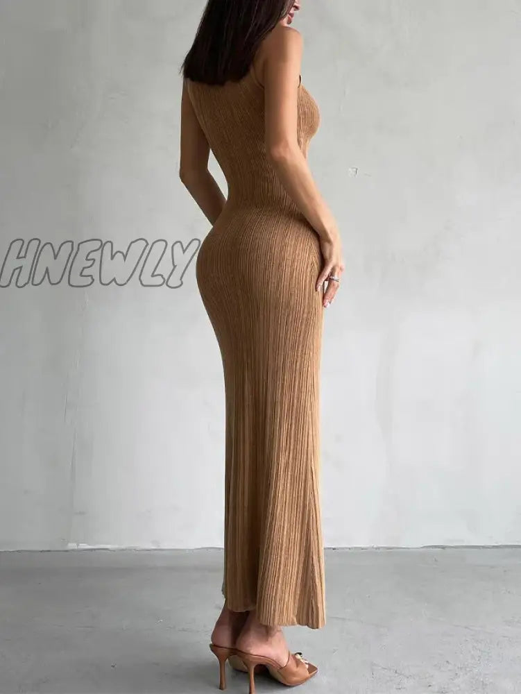 Hnewly Sexy Women’s Knitted Dress 2024 Spring Summer Maxi Turtleneck Sleeveless Sheath Long Slim