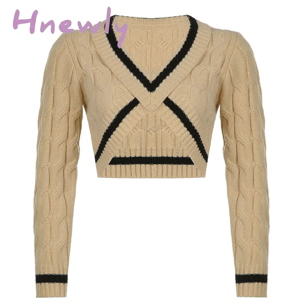 Hnewly Sexy Women’s Sweater Y2K Striped Print Long Sleeve V Neck Knitwear Crop Pullovers Casual