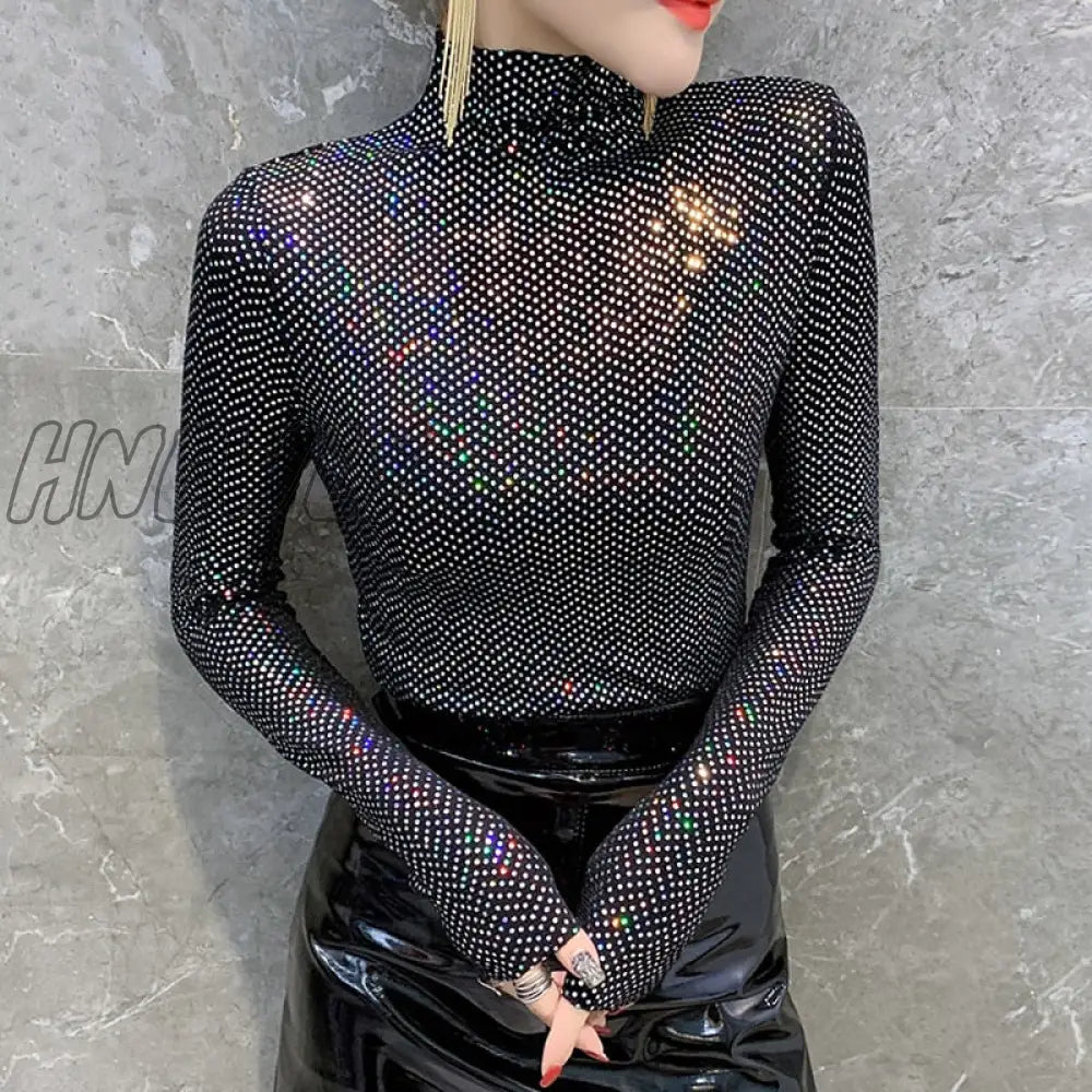 Hnewly Shinny Sequin T Shirt Women Sexy Basic Turtleneck For Long Sleeved Slim Tight T-Shirt Femme