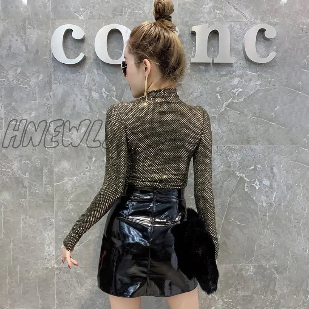 Hnewly Shinny Sequin T Shirt Women Sexy Basic Turtleneck For Long Sleeved Slim Tight T-Shirt Femme