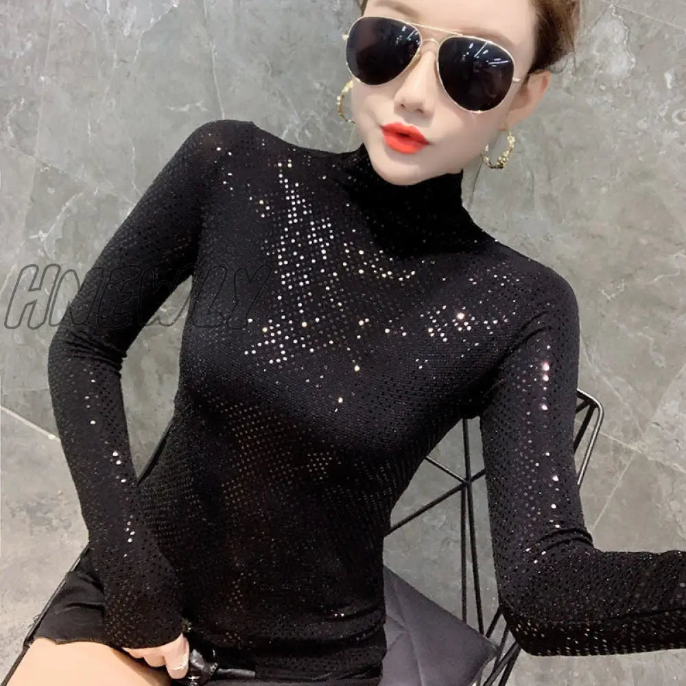 Hnewly Shinny Sequin T Shirt Women Sexy Basic Turtleneck For Long Sleeved Slim Tight T-Shirt Femme