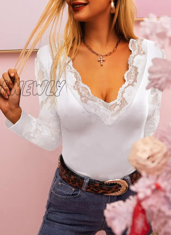 Hnewly Shirts For Women Lace Long Sleeve Tshirts Spring Autumn Ladies Casual Sexy V Neck Dot Print