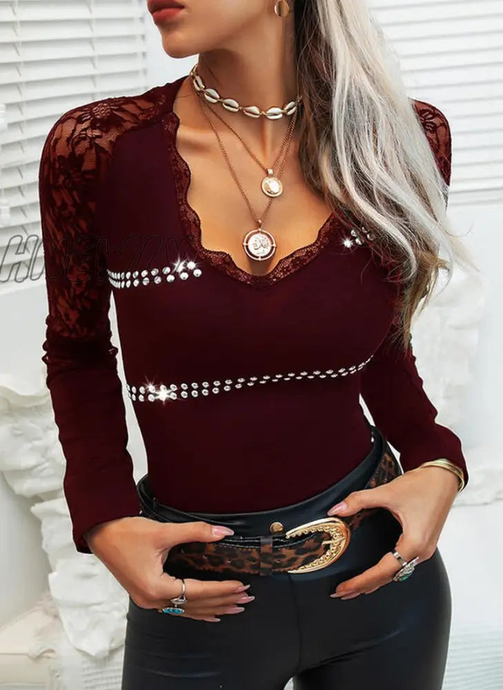 Hnewly Shirts For Women Lace Long Sleeve Tshirts Spring Autumn Ladies Casual Sexy V Neck Dot Print