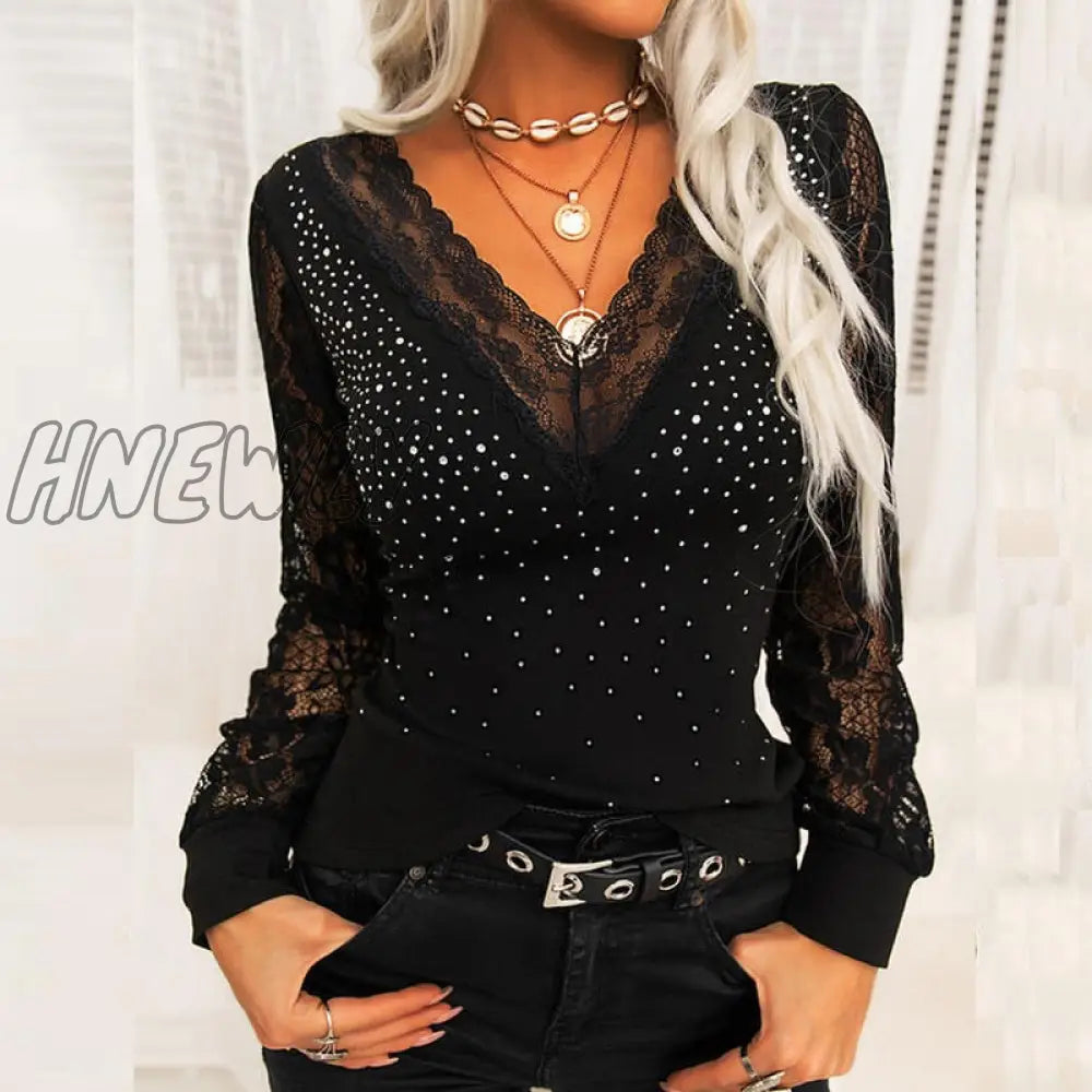 Hnewly Shirts For Women Lace Long Sleeve Tshirts Spring Autumn Ladies Casual Sexy V Neck Dot Print