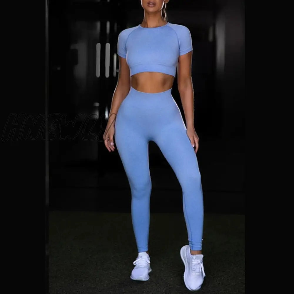 Hnewly Shirts Legging Work - Out Suit 2 Piece Sports Short Sleeve Crop Top High Waist Running Set