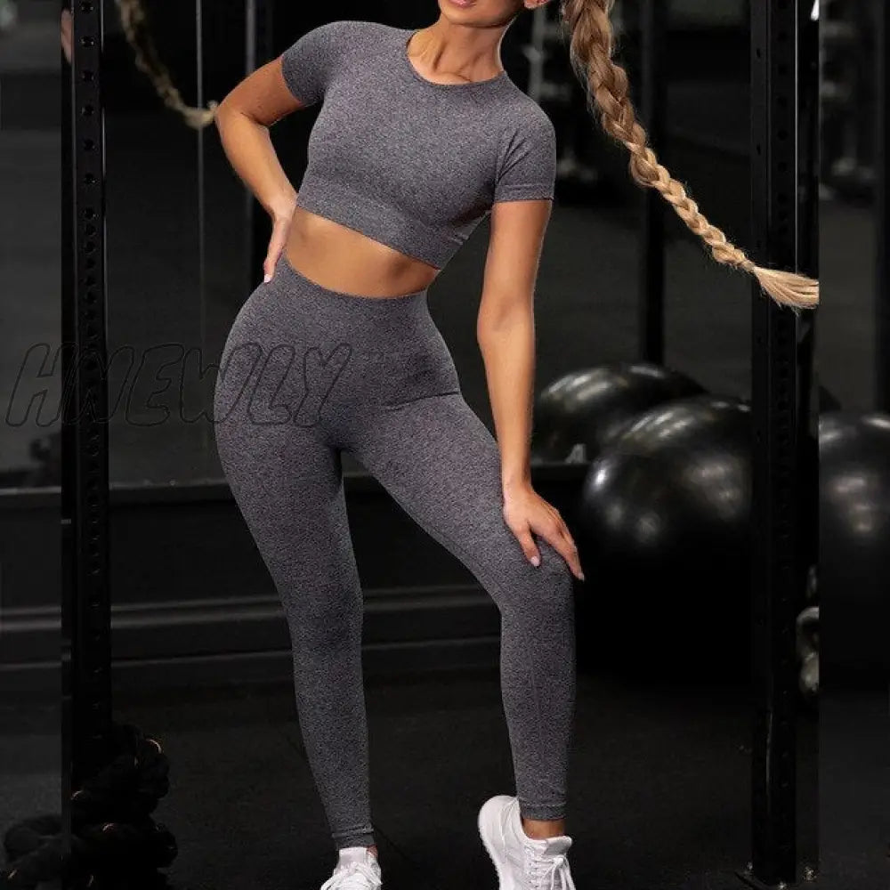 Hnewly Shirts Legging Work - Out Suit 2 Piece Sports Short Sleeve Crop Top High Waist Running Set