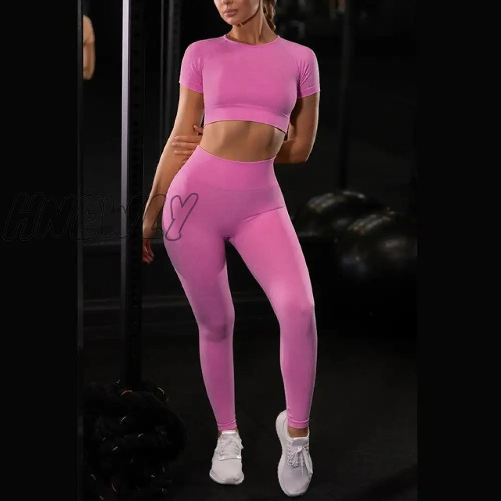 Hnewly Shirts Legging Work - Out Suit 2 Piece Sports Short Sleeve Crop Top High Waist Running Set