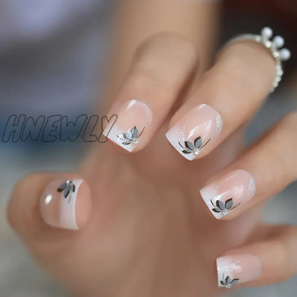 Hnewly Short Flower Classic Press On Acrylic Nails Square Natural Designed Finger Daily Office