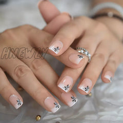 Hnewly Short Flower Classic Press On Acrylic Nails Square Natural Designed Finger Daily Office