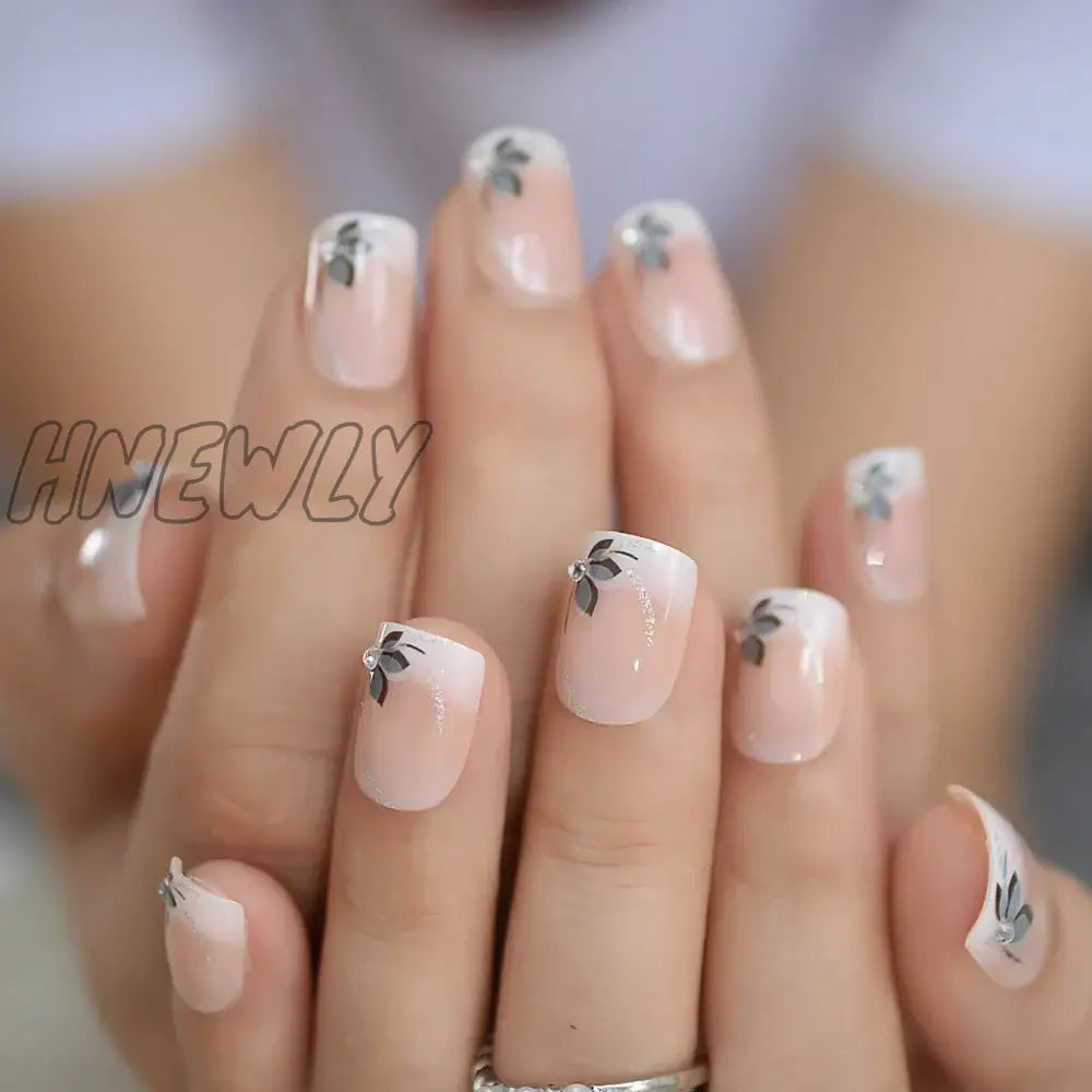 Hnewly Short Flower Classic Press On Acrylic Nails Square Natural Designed Finger Daily Office