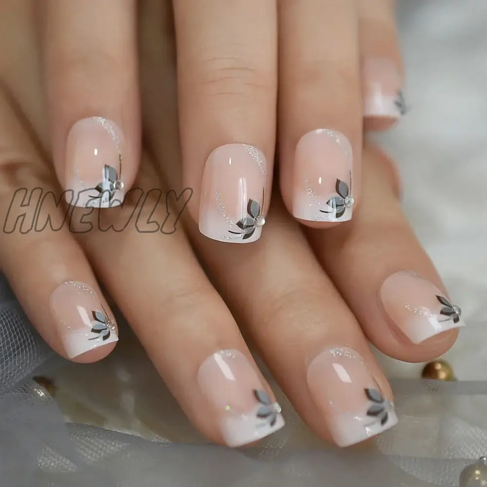 Hnewly Short Flower Classic Press On Acrylic Nails Square Natural Designed Finger Daily Office