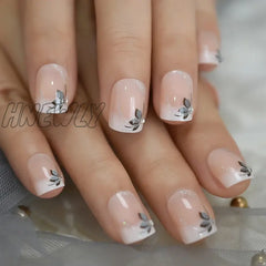 Hnewly Short Flower Classic Press On Acrylic Nails Square Natural Designed Finger Daily Office