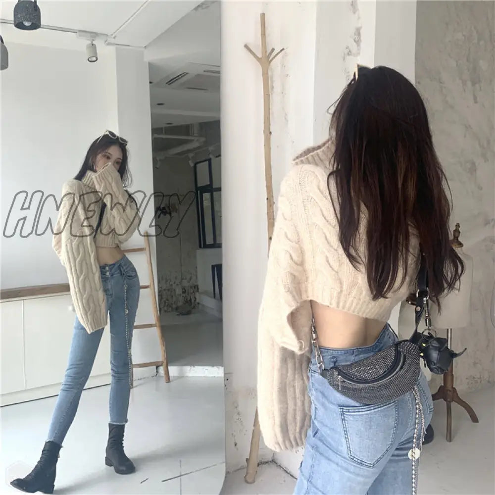 Hnewly Short Top Sexy Sweater Women’s Turtleneck Pullover Loose Knit Woman Sweaters Femme