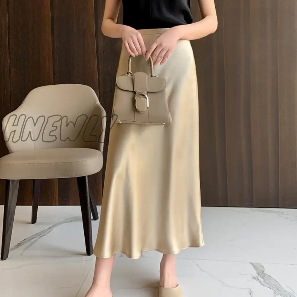 Hnewly Silk Satin Skirts For Women High Waisted Skirt A-Line Elegant Summer Pink Midi New Korean