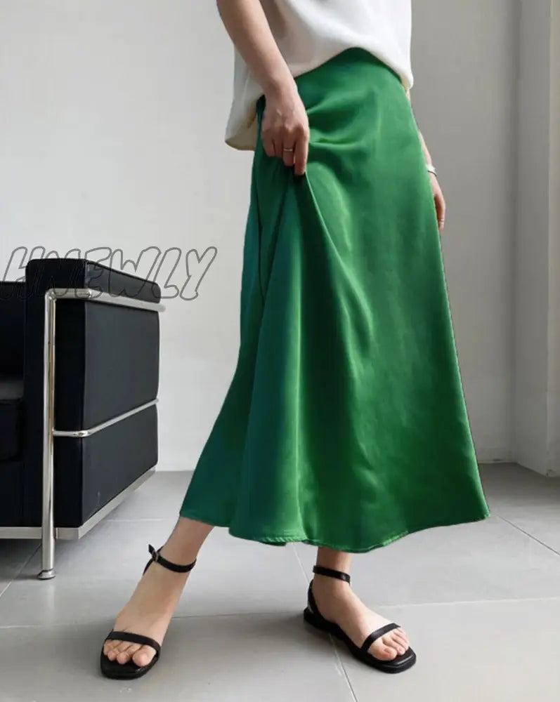 Hnewly Silk Satin Skirts For Women High Waisted Skirt A-Line Elegant Summer Pink Midi New Korean