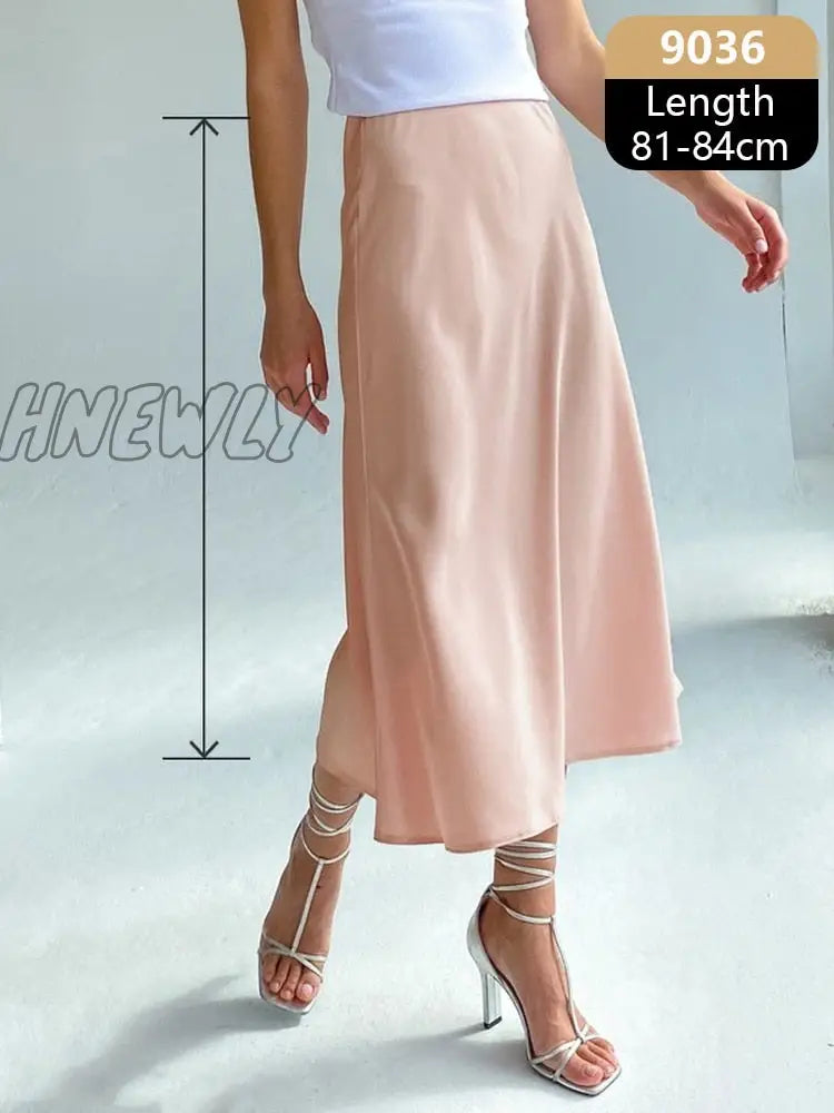 Hnewly Silk Satin Skirts For Women High Waisted Skirt A-Line Elegant Summer Pink Midi New Korean