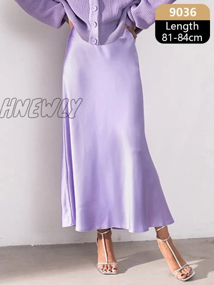 Hnewly Silk Satin Skirts For Women High Waisted Skirt A-Line Elegant Summer Pink Midi New Korean