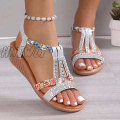 Hnewly - Silver Casual Patchwork Rhinestone Fish Mouth Out Door Wedges Shoes (Heel Height 1.57In) /