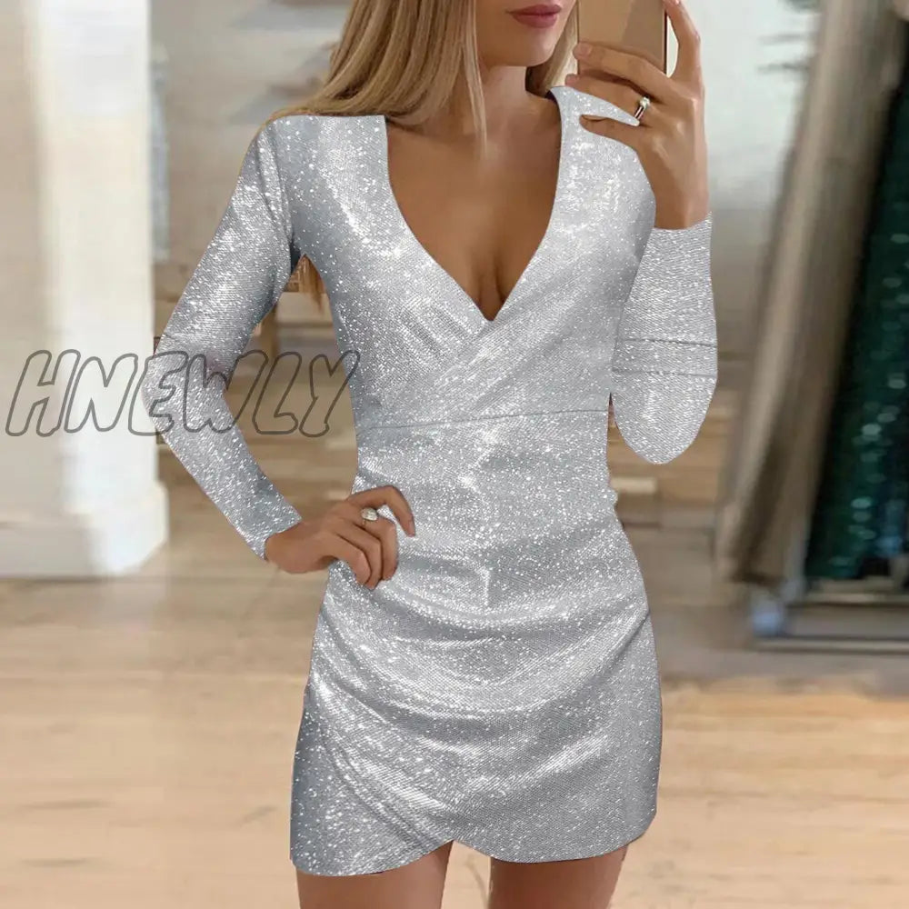 Hnewly Silver Sequins Party Dress Women Sexy Glitter Fabric V Neck Long Sleeve Dresses Slim Elegant