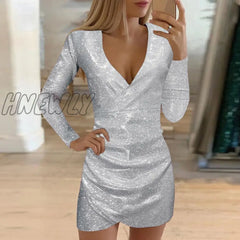 Hnewly Silver Sequins Party Dress Women Sexy Glitter Fabric V Neck Long Sleeve Dresses Slim Elegant