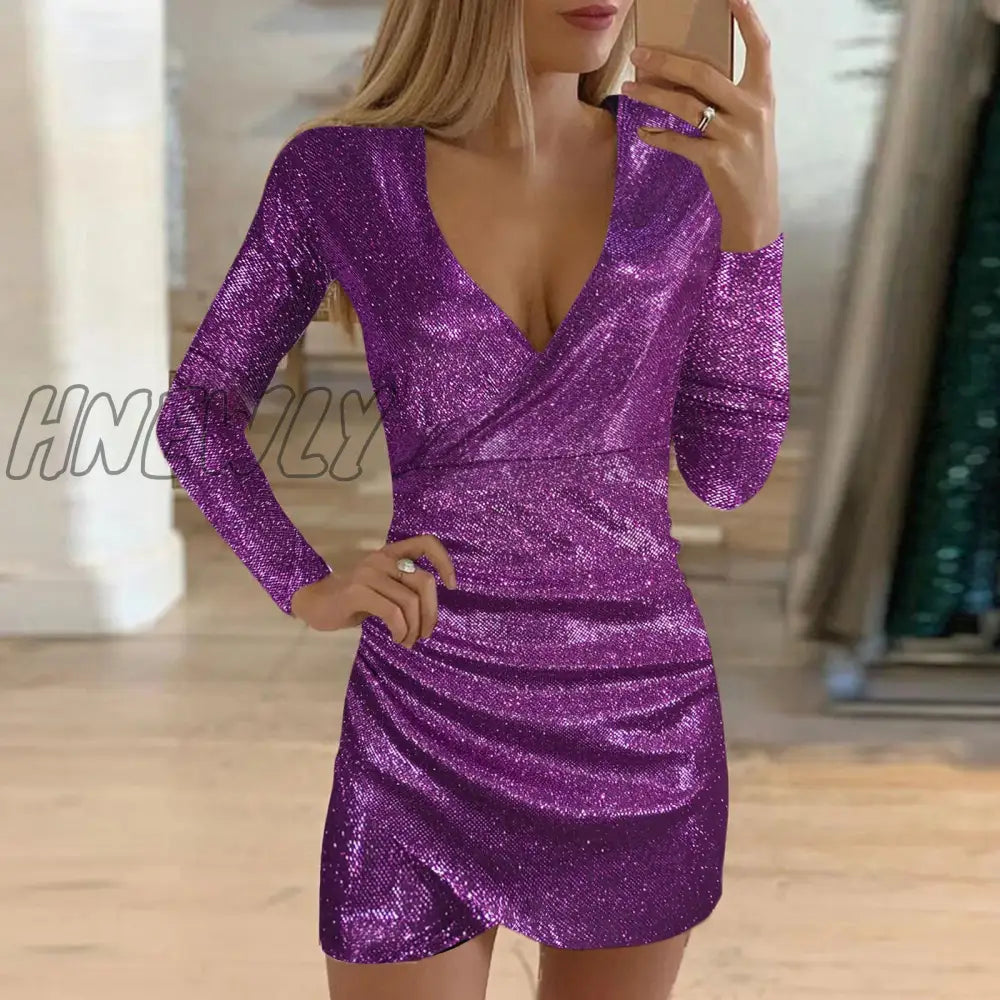 Hnewly Silver Sequins Party Dress Women Sexy Glitter Fabric V Neck Long Sleeve Dresses Slim Elegant