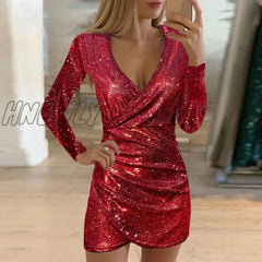 Hnewly Silver Sequins Party Dress Women Sexy Glitter Fabric V Neck Long Sleeve Dresses Slim Elegant