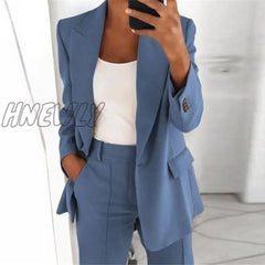 Hnewly Single Button Blazer Jacket Women Long Sleeve Solid Color Autumn Elegant Tops Office Lady