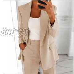 Hnewly Single Button Blazer Jacket Women Long Sleeve Solid Color Autumn Elegant Tops Office Lady