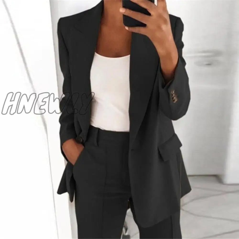 Hnewly Single Button Blazer Jacket Women Long Sleeve Solid Color Autumn Elegant Tops Office Lady