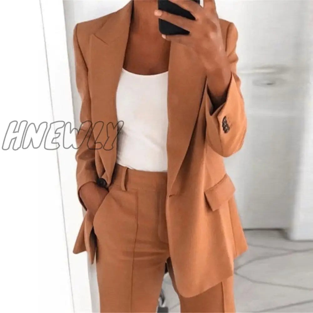 Hnewly Single Button Blazer Jacket Women Long Sleeve Solid Color Autumn Elegant Tops Office Lady