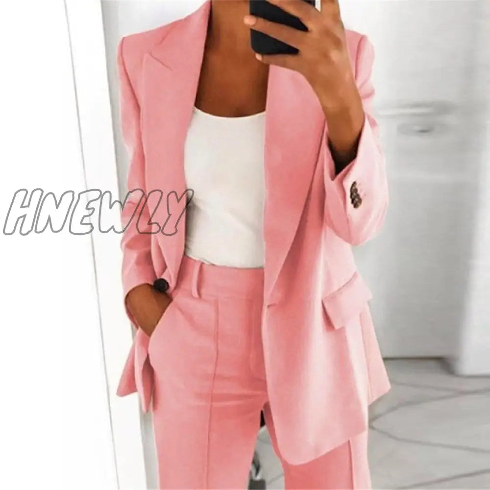 Hnewly Single Button Blazer Jacket Women Long Sleeve Solid Color Autumn Elegant Tops Office Lady